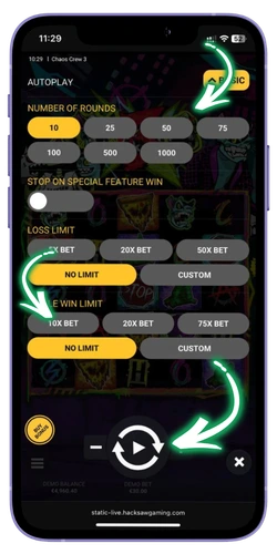 Chaos Crew 3 autoplay functie activeren voor automatisch spelen.