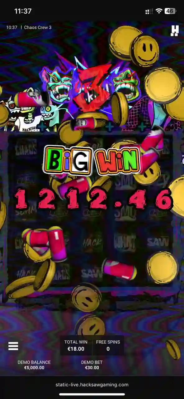 Chaos Crew 3 big win scherm met vallende munten tijdens de bonusronde