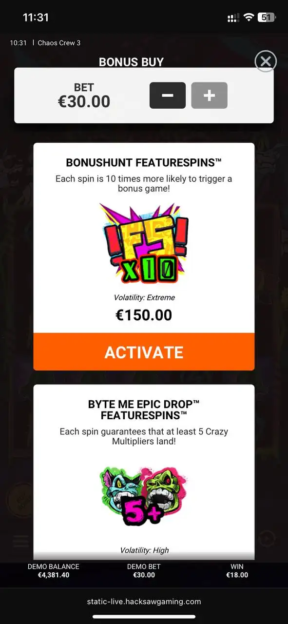 Chaos Crew 3 bonus buy menu met Bonushunt Featurespins en Byte Me Epic Drop opties