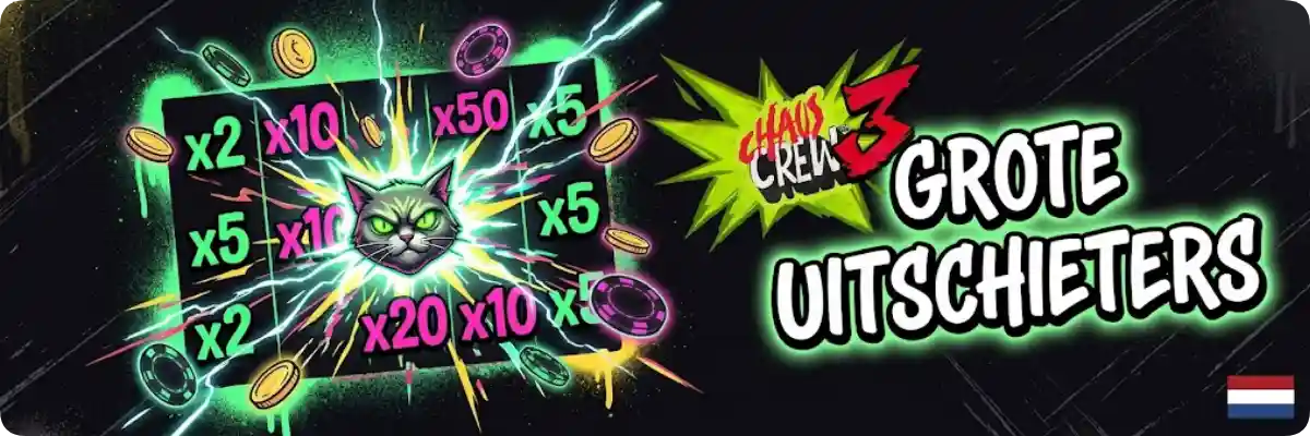 Chaos Crew 3 max win sfeerbeeld met hoge volatiliteit en grote uitschieters.